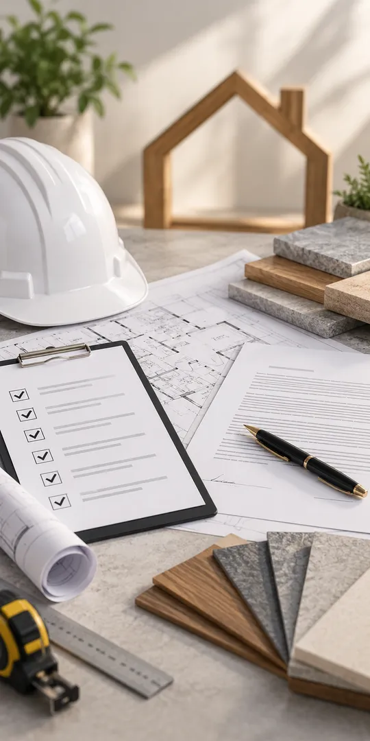 Checklist for choosing a building contractor, with plans and a pen